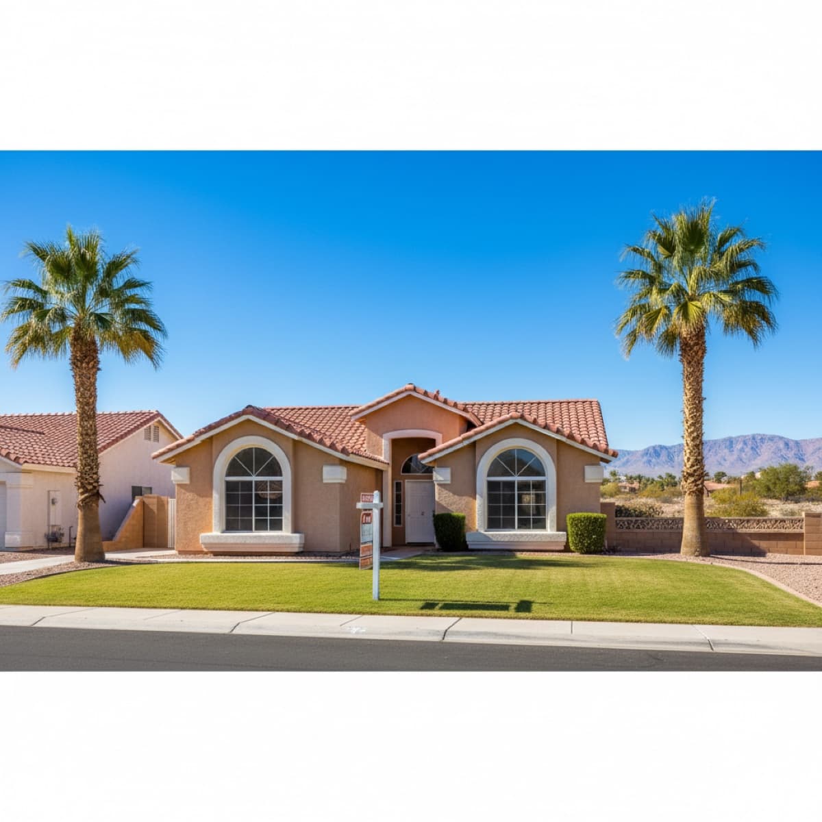 Manufactured home in Las Vegas with desert landscaping and clear blue sky